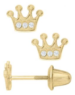 14K Yellow Gold CZ Children's Moshiach Crown Earrings Gift Boxed