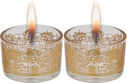 Jerusalem Gold Laser Cut Glass Shabbat Candlesticks Tealights Candle Holders