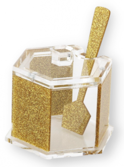 Golden Sand Lucite Hexagon Honey Jar & Sparkling Golden Spoon