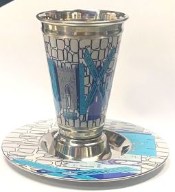Jerusalem Scenes in Blue Kiddush Cup with Saucer Original Art by Hadarya