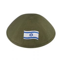 I-Kippah Olive Green Linen Israeli Kippah Embroidery Flag Waved Yarmulke