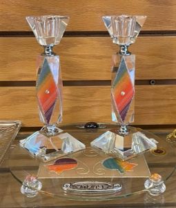 Artistic Decoupage Crystal Shabbat Candlesticks Set with Tray in Rainbow colors By Lily Art, Israel