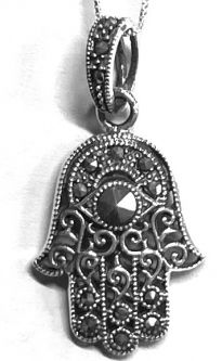 925 Sterling Silver & Marcasite Antique Hamsa Pendant Necklace Made in Israel
