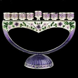 Enameled Metal Chanukah Menorah 8" Jeweled Floral Accents in Purple & Green Gift Boxed