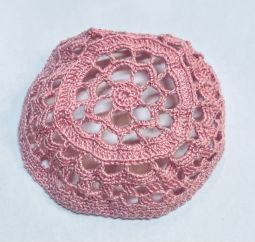 Ladies Crochet Lace Kippah Knit Hair Covering for Women Pink Rose Custom Made in USA