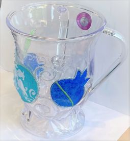 Lily Art Acrylic Washing Netilat Yadaim Cup 6" Decoupage Pomegranates in Blue