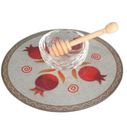Art Decoupage Pomegranates in Red Honey Tray , Glass Dish & Wooden Spoon Made in Israel By Lily Art