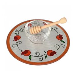Art Decoupage Pomegranates Circle Honey Tray , Glass Dish & Wooden Spoon Made in Israel By Lily Art