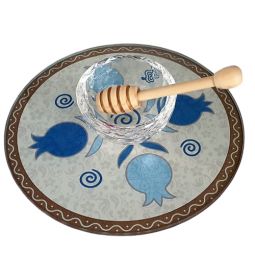 Art Decoupage Blue Pomegranates Honey Tray , Glass Dish & Wooden Spoon Made in Israel By Lily Art