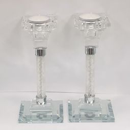 Crystal & Decoupage Glass Shabbat Candlesticks Candleholders Made in Israel By Lily ART