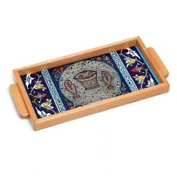Armenian Ceramic Challah Framed Tray Wooden Handles Tabcha Fish Made in Israel