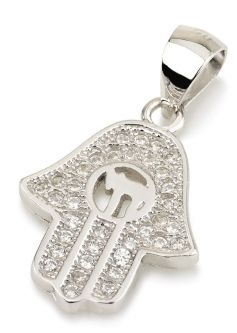925 Sterling Silver Hamsa Chai Pendant Cubic Zirconia Necklace Made in Israel