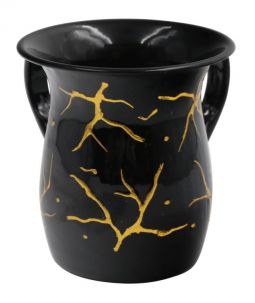 Stainless Steel Netilat Yadaim Washing Cup Golden Corals on Black Design 5.5"H and Bowl  12"D