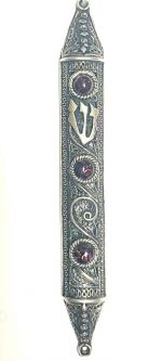 925 Sterling Silver Yemenite Filigree Mezuzah with Garnets Kosher Parchment included