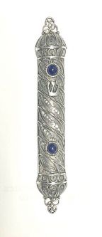 925 Sterling Silver Yemenite Filigree Lapis Lazuli / Garnet Mezuzah 3.75" Kosher Parchment included