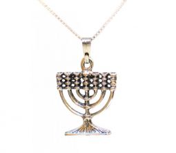 925 Sterling Silver Antique Style Menorah Small Pendant Necklace Venetian Chain Made in Israel
