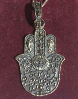 925 Sterling Silver & Marcasite Antique Hamsa FISH Pendant Necklace Made in Israel
