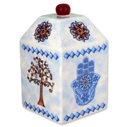 Hamsa and Tree of Life Tzedakah Box Hand Painted Ceramic Design by Jessica Sporn