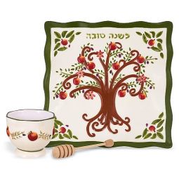 Ceramic Apple Plate With Honey Bowl Tree of Life & Dipper Designed By Jessica Sporn