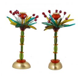 Fountain in Red & Blue Shabbat Candlesticks Designer Candleholder 14" Made in Israel By Emanuel