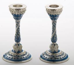 Jeweled Blue Enamel & Chrystals Shabbat Candlesticks "Capri" Set of 2 5" tall