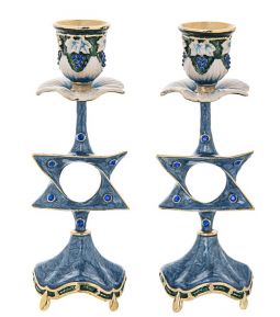 Jeweled Blue Shabbat Candlesticks "Star of David" 8.5"