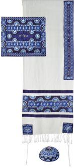 Emanuel Embroidered Cotton with Silk Tallit "Stars of David" Blue Set of 3