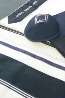Designer Navy Blue & Silver Ribbons Wool Men's Tallit / Tallis Set of 3 Hand Made in Israel by Efrat