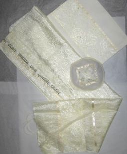 Efrat Schwartz Gold / Off White Wrinkled Poly Tallit Set of 3 Made in Israel By Eretz