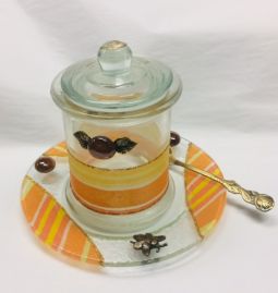 Painted Glass Honey Dish & Apple Tray (Spoon included) - Made in Israel by Lily ART