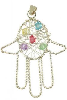 Hamsa 925 Sterling Silver Wire Wrapped Multicolored Beads Necklace Pendant Chain Made in Israel
