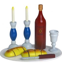 Child's Colorful Toy Wooden Shabbat Play Set: Candlesticks, Kiddush set, Challahs, Tray & Knife