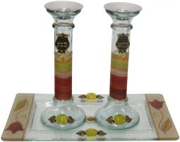 Art Glass Multicolored Shabbat Candlesticks with Tray Made in Israel By Lily ART