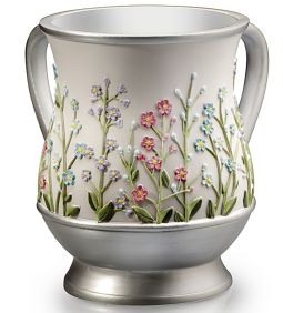 ACRYLIC White Silver Netilat Yadaim Washing Cup "Wild Flowers of Israel" 5.8"