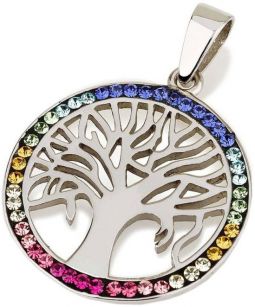 Multicolor Swarovski Crystals Tree of Life 925  Sterling Silver Pendant Necklace 18" Made in Israel
