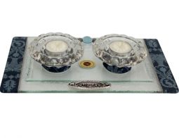 Art Glass Tea light Applique Candleholders and Tray Blue Made in Israel by Lily ART