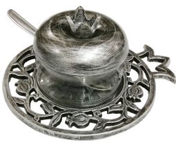 Honey Dish POMEGRANATE Pewter With Glass Insert, Spoon & Cove
