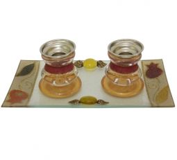 Art Glass "Tulips" Candlesticks 2.5" with Tray Colorful decoupage Made in Israel By Lily Art