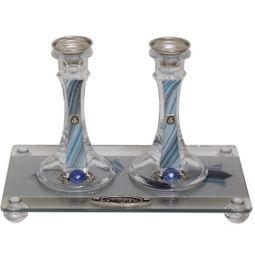 Applique Ocean Blue Shabbat Candlesticks With Tray By Lily Art