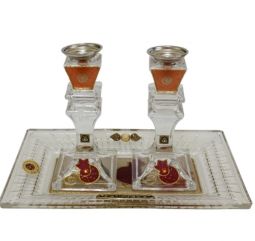 Artistic Shabbat Crystal Candlesticks Applique Red Pomegranates with Tray By Lily Art