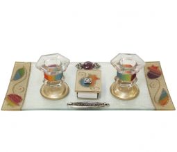 Artistic Glass Shabbat Candlesticks "Pomegranates Rainbow" with Tray & Matchbox By LIly Art