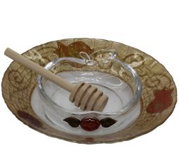 Decoupage Painted Glass Honey Dish & Apple Tray "Red Pomegranate" Made in Israel By Lily ART