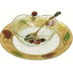 Painted Decoupage Glass & Pewter Honey Dish and Plate "Pomegranate" Hand Made in Israel By Lily ART