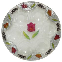 Decoupage Glass Passover Seder Plate "Tulips" 13" Made in Israel by Lily Art