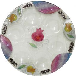 Decoupage Glass Passover Seder Plate "Pomegranates" 13" Made in Israel by Lily Art