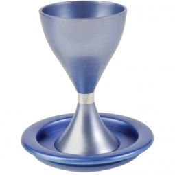 Emanuel Anodized Aluminum Kiddush Cup / Goblet & Plate Blue and Silver 5.5" tall