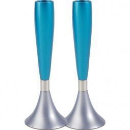 Sold out Anodized Aluminum Shabbat Turquoise Silver Candlesticks 6.5" By Emanuel