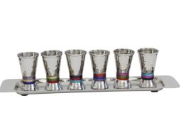 Emanuel Hammered Metal Set of 6 liquor Cups Tray Multicolor Rings Decoration