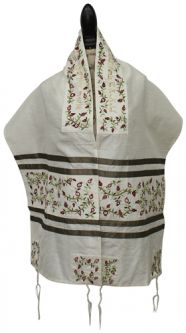 Floral Pomegranate Cotton Poly With Silk Embroidery Women's / Girls Tallit / Tallis With Bag & Kippa