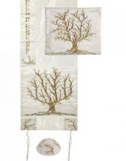 Embroidered Raw Silk Tallit "Tree of Life Gold" Made in Israel By Emanuel